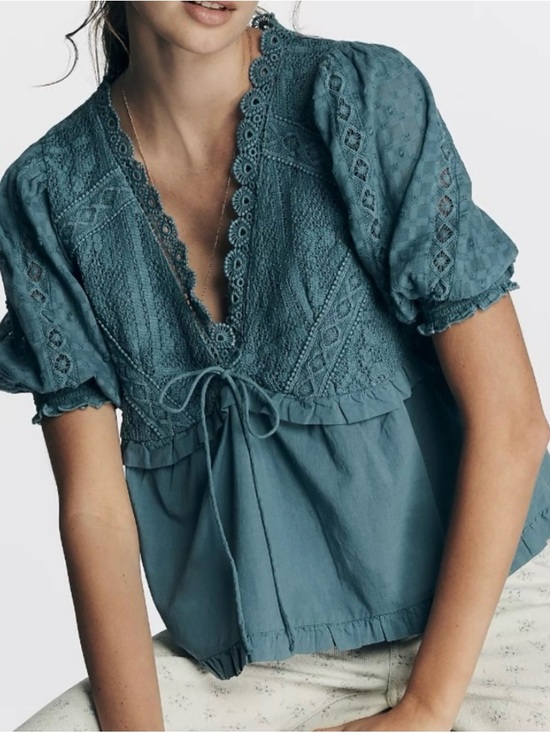 Anthropologie Tops - Anthropologie Women's Lace-Trim Peasant Top